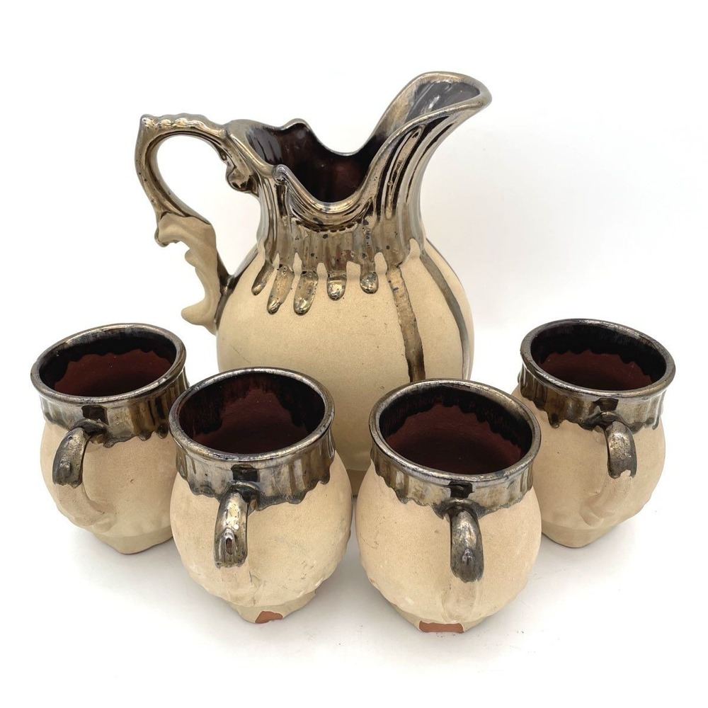 Vintage Terracotta Pitcher and 4 Mug Set Metallic Drip Glaze Studio Pottery